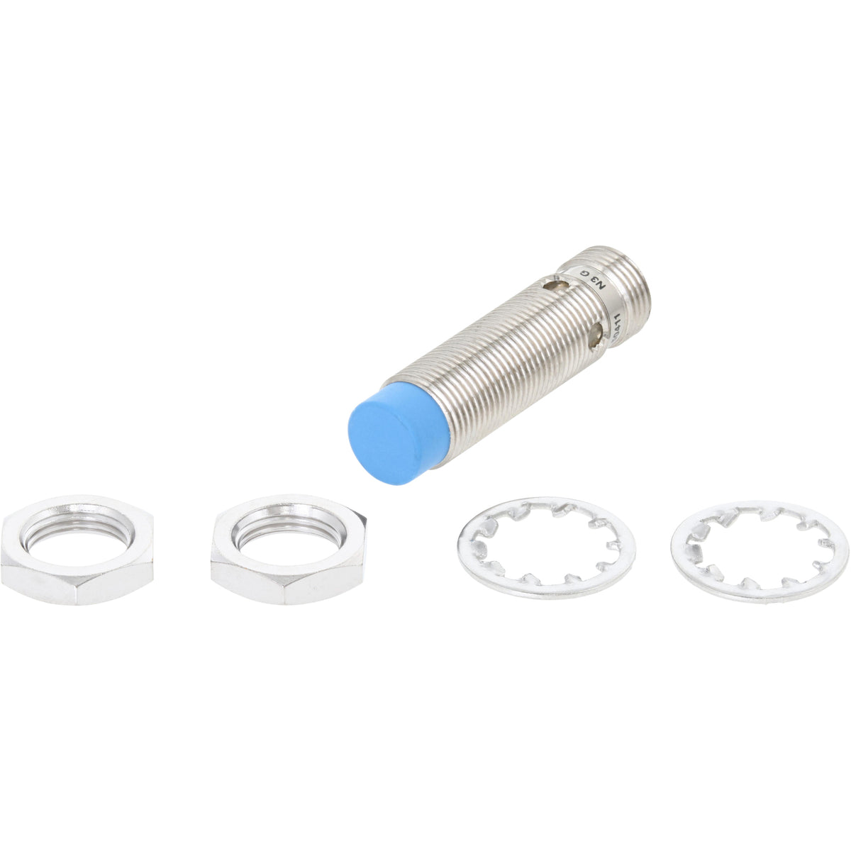 Blue tipped and threaded cylindrical proximity sensor with two hex nuts and star washers on white background.