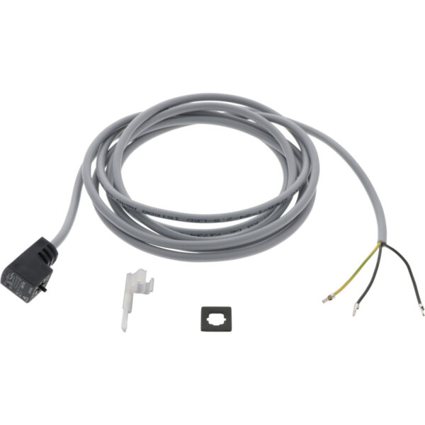 Grey coiled sensor cable with a black plug on one end and exposed wires on the other end. Shown on white background.