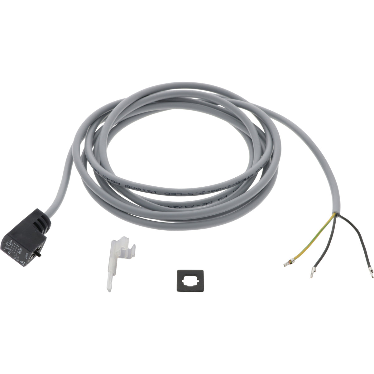Grey coiled sensor cable with a black plug on one end and exposed wires on the other end. Shown on white background.