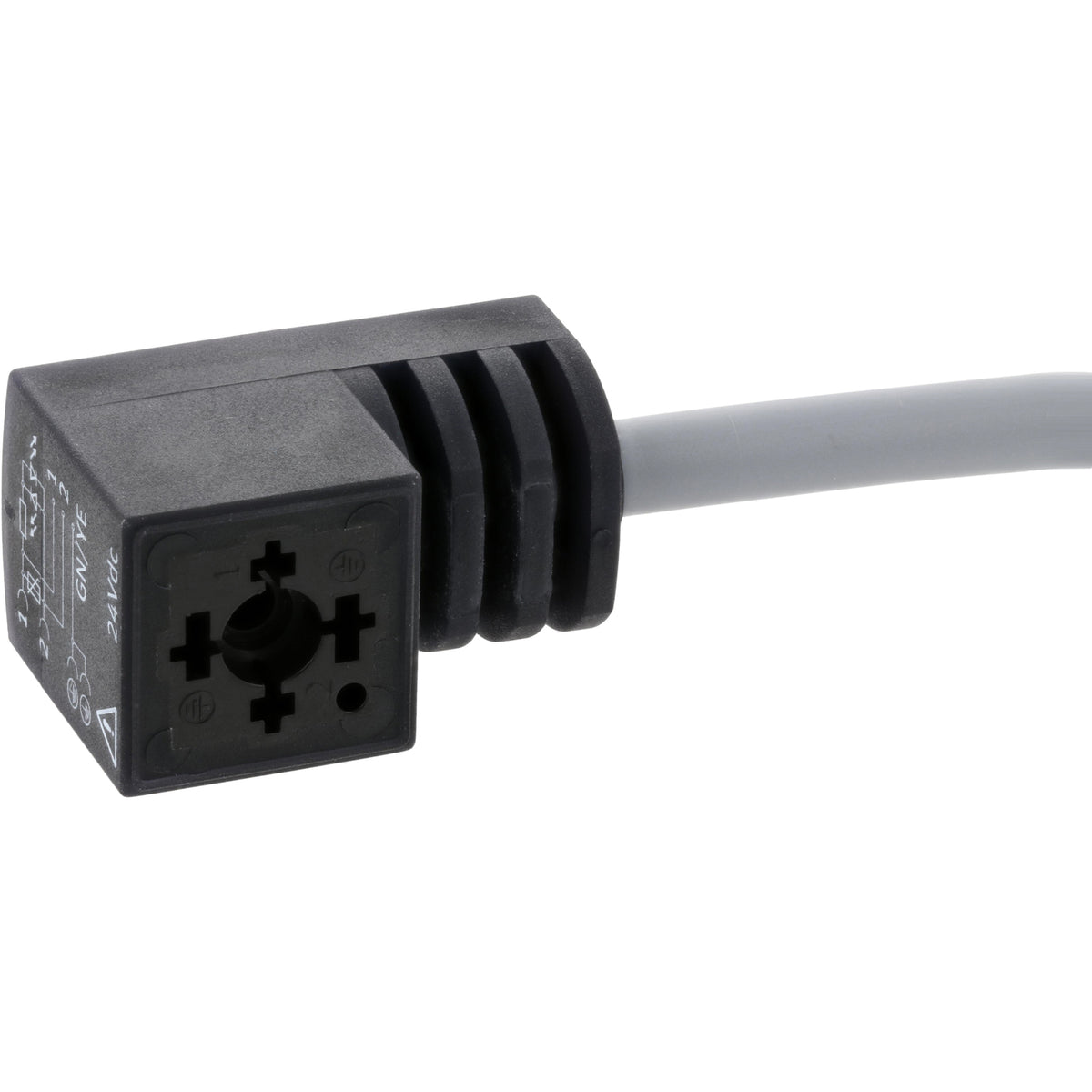 Black plastic plug connected to a grey cable on white background.