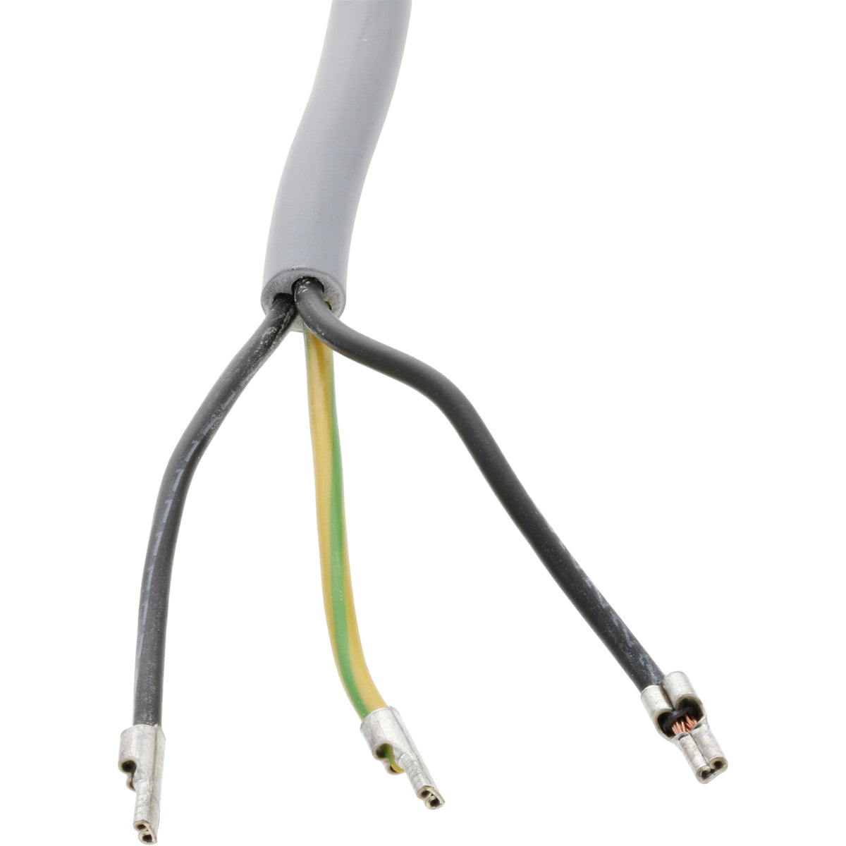 grey cable end with three exposed wires. There are two black wires and one wire that is yellow and green. The wires have ferules on them. Shown on white background.
