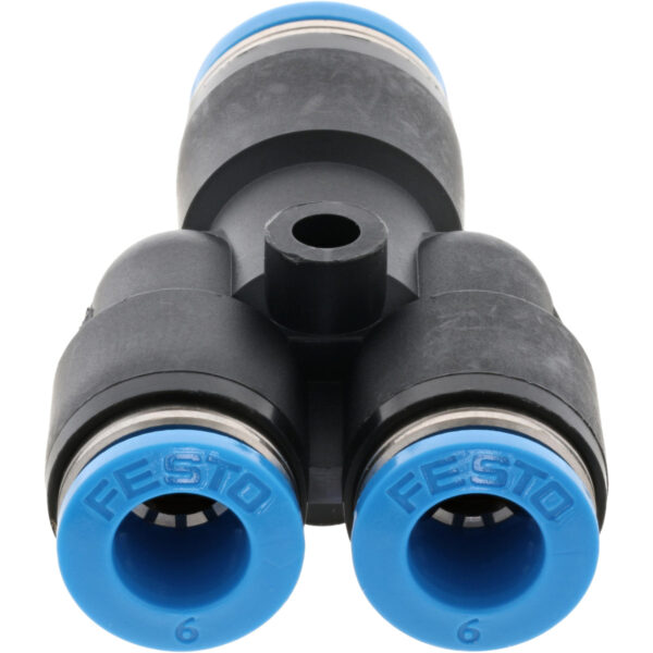 Black and blue plastic push connect Y-fitting. The part is showing two open blue ports with "Festo" and the number six stamped into the plastic. Part is shown on white background.