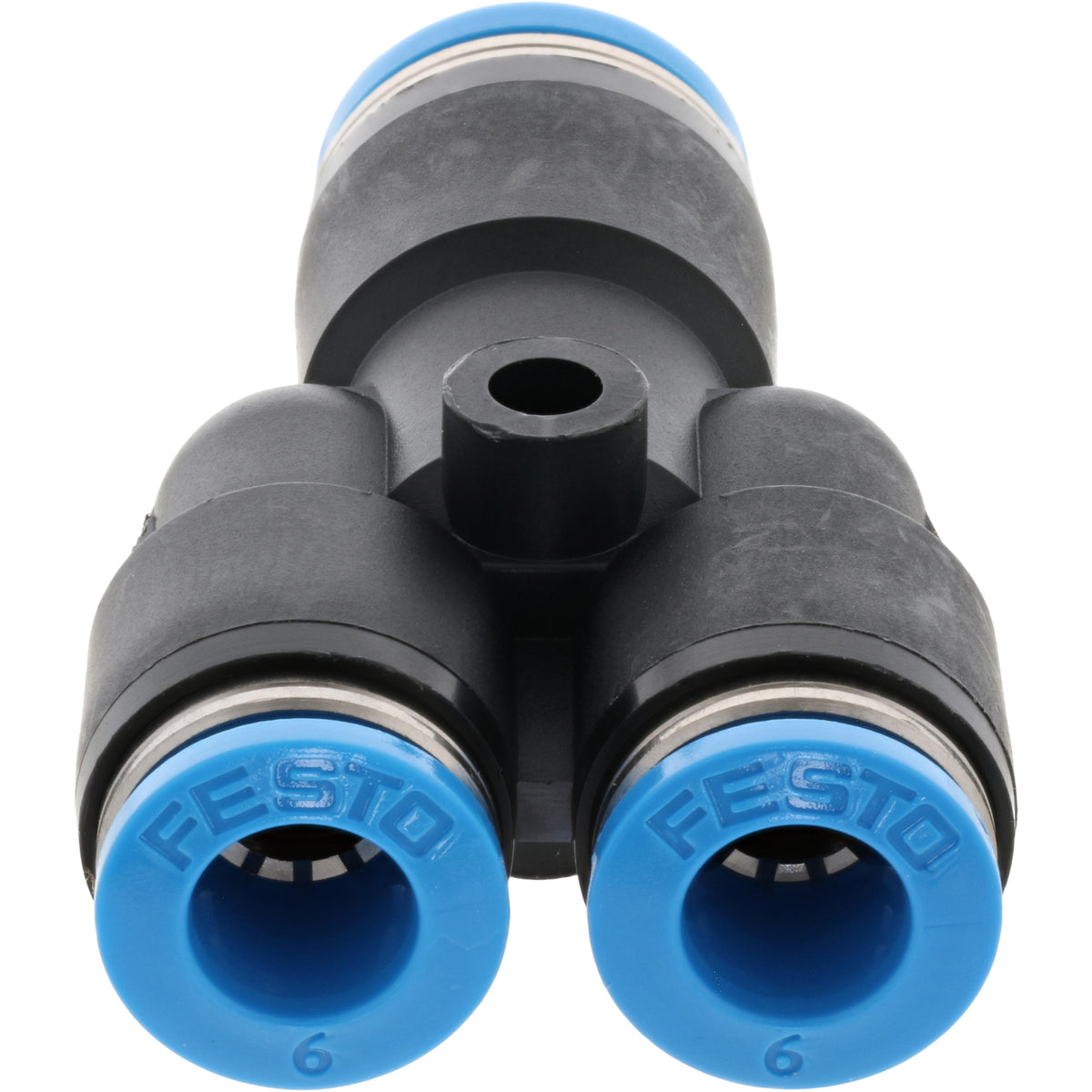Black and blue plastic push connect Y-fitting. The part is showing two open blue ports with "Festo" and the number six stamped into the plastic. Part is shown on white background.