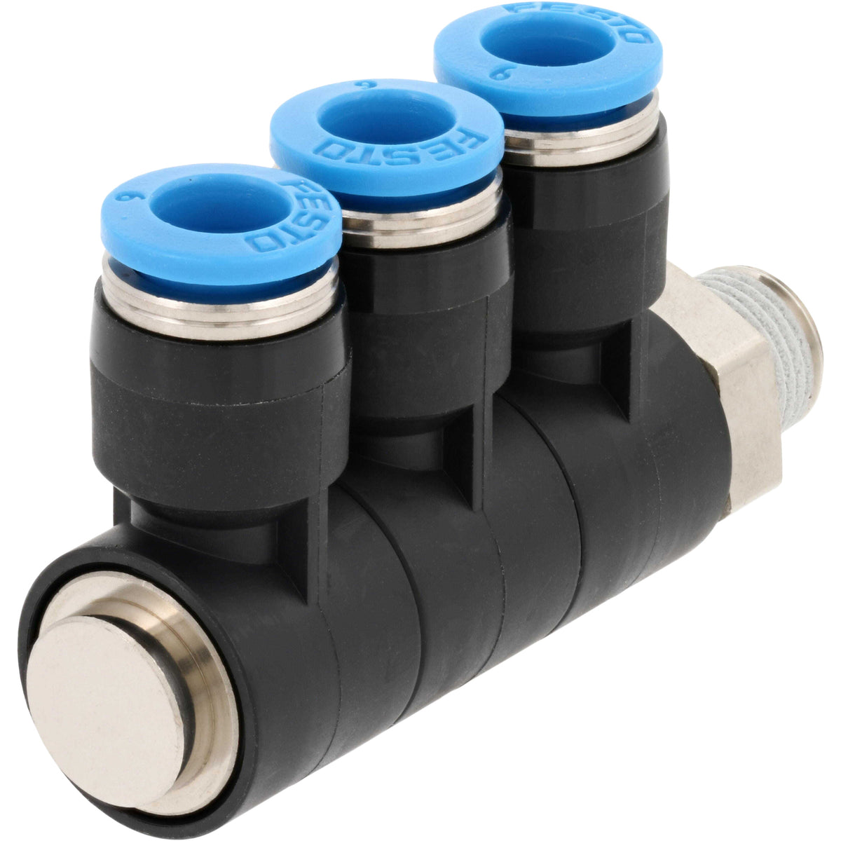 Black plastic multi distributor with nickel plated threads and blue plastic push collars. Part shown on white background.