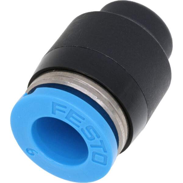 6mm blanking push in cap with blue push collar with "Festo" and the number 6 stamped into it. Part is on a white background.