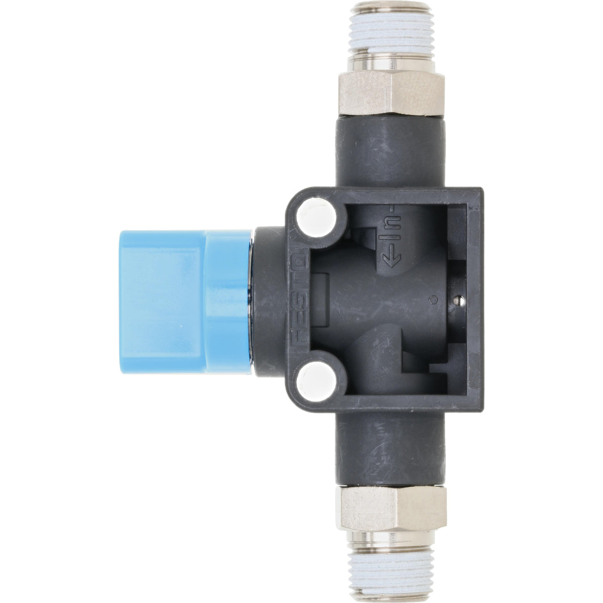 black plastic shut off valve with blue switch and threaded ends. Part shown on white background.