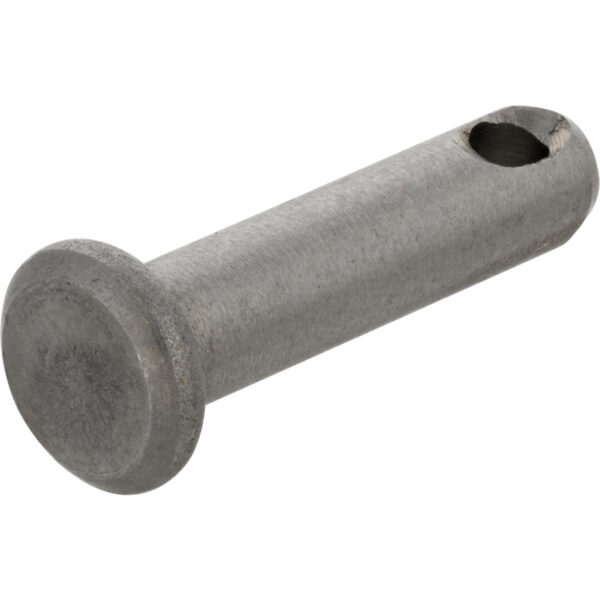 Stainless steel clevis pin on white background.