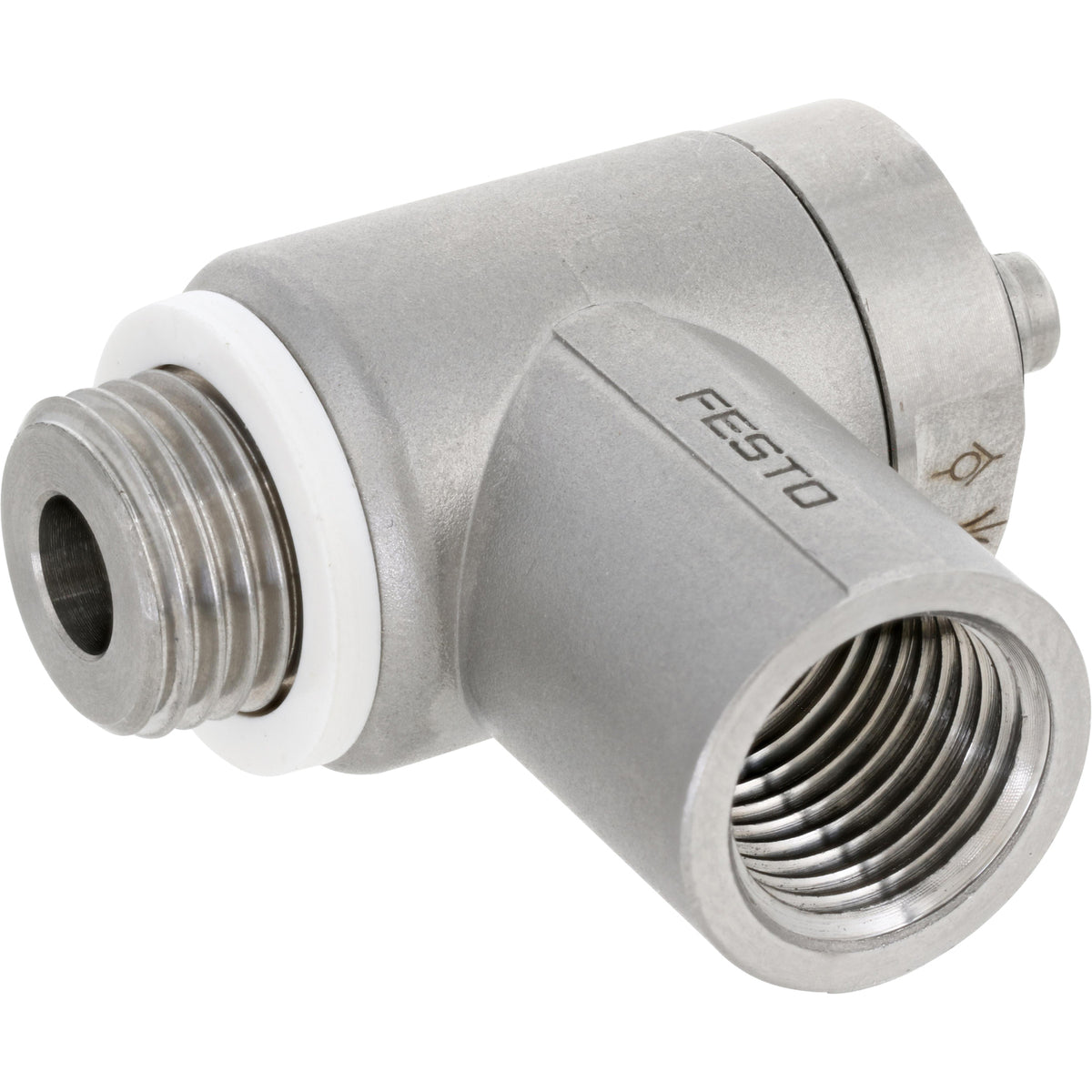 Stainless steel one-way flow control valve on white background.