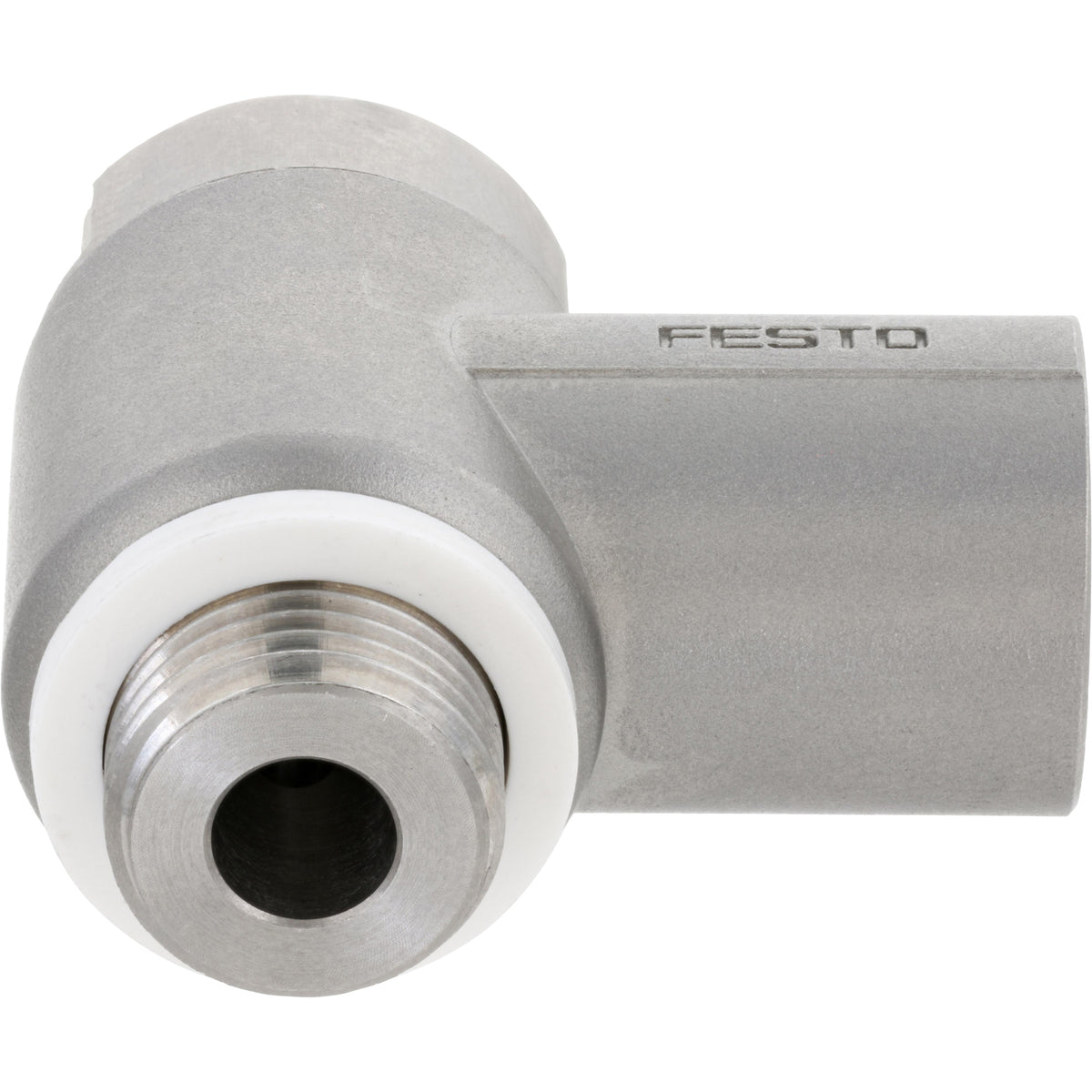 Stainless steel one-way flow control valve on white background.