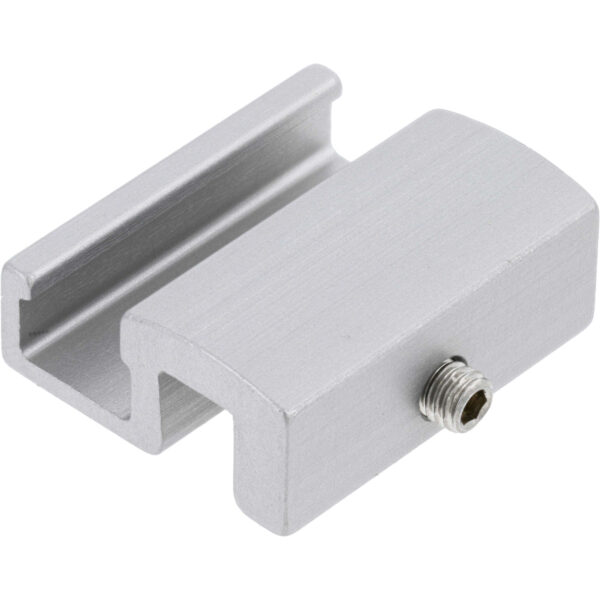 Grey hard anodized aluminum mounting bracket with threaded stainless steel set screw on white background.