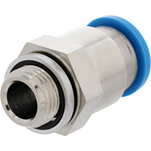 Nickel-plated push-in air fitting with threaded end showing. Part on white background.