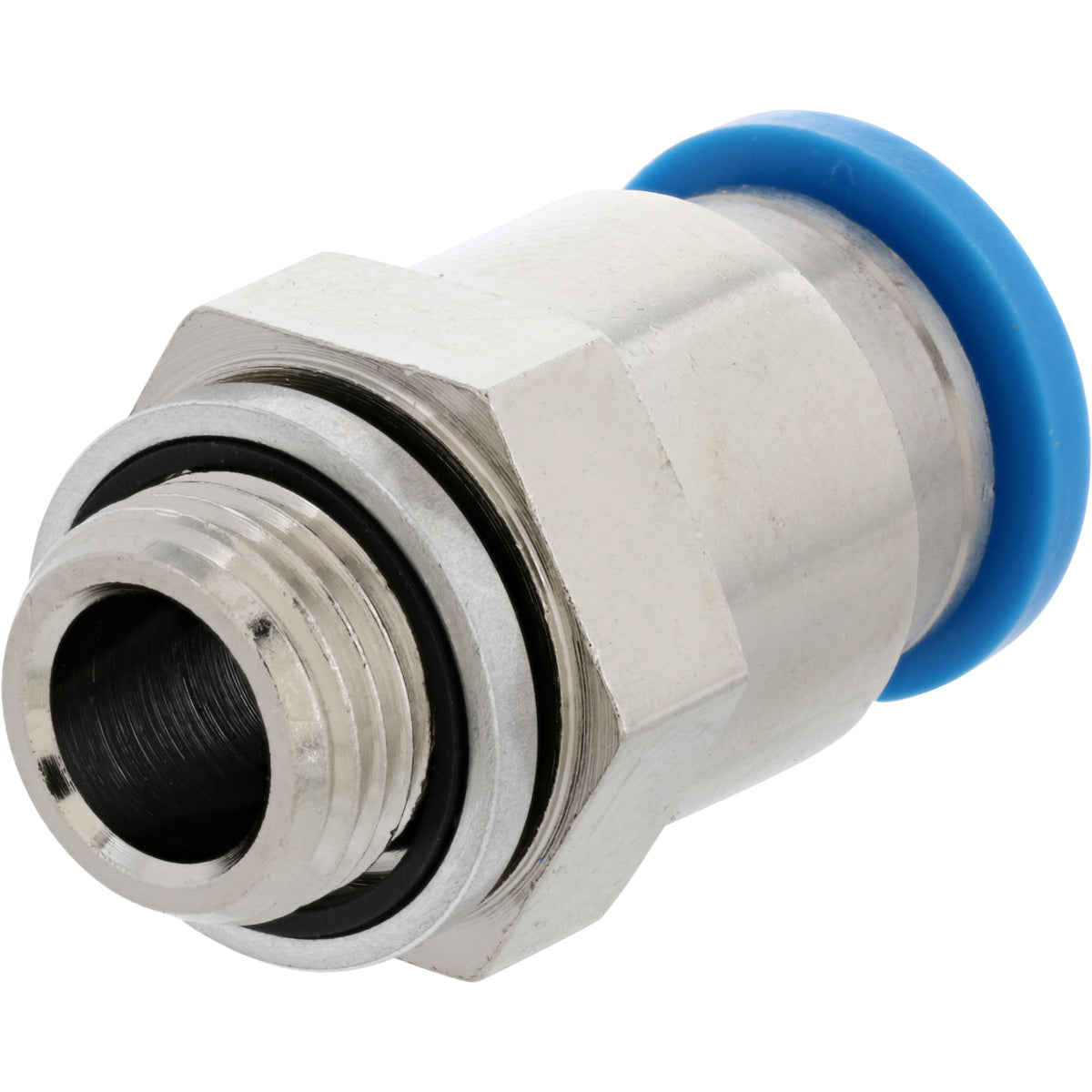 Nickel-plated push-in air fitting with threaded end showing. Part on white background.