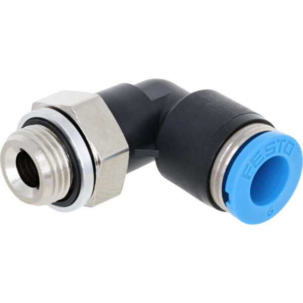 Black and blue plastic air fitting with stainless threads on white background.