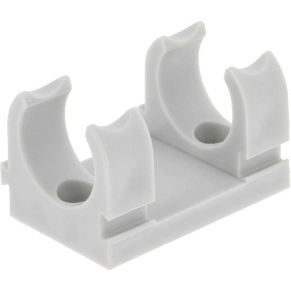 Grey/White plastic retainer part with two clips and two mounting holes shown on white background.