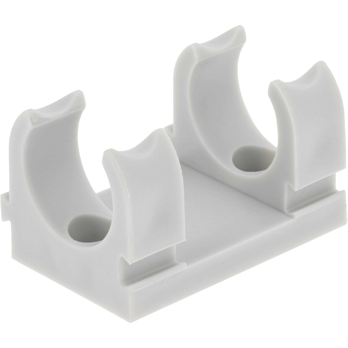 Grey/White plastic retainer part with two clips and two mounting holes shown on white background.