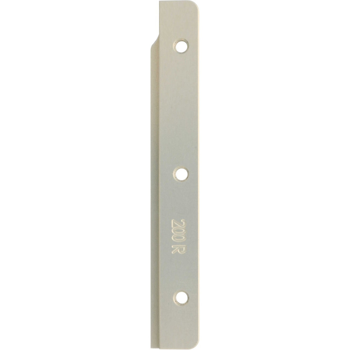 Machined blade like part made of hard anodized aluminum on white background. The part has three threaded holes and 200R machined onto it's surface.