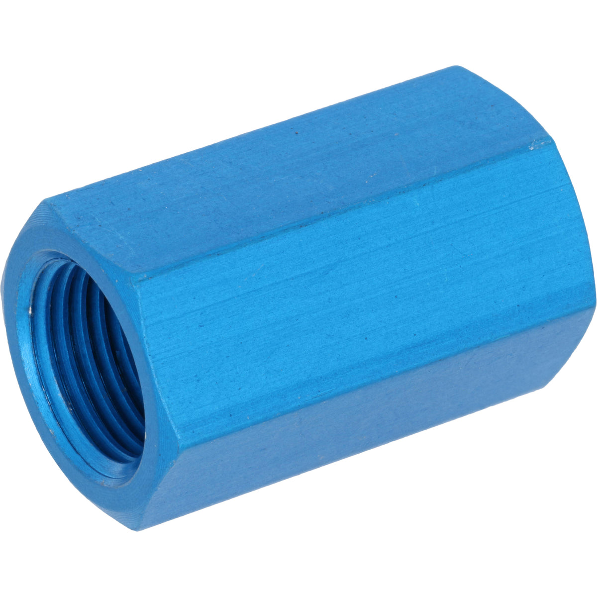 Blue anodized aluminum hexagonal sleeve with a threaded center hole. Shown on white background.