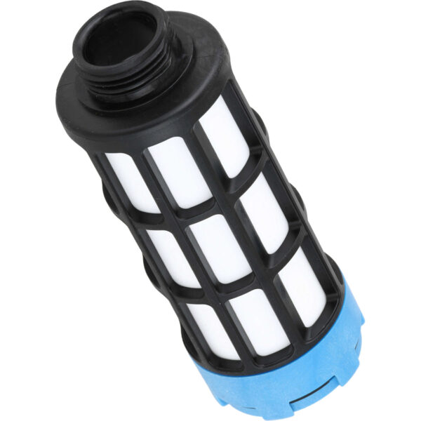 Blue, black and white MS6 pneumatic muffler on white background.