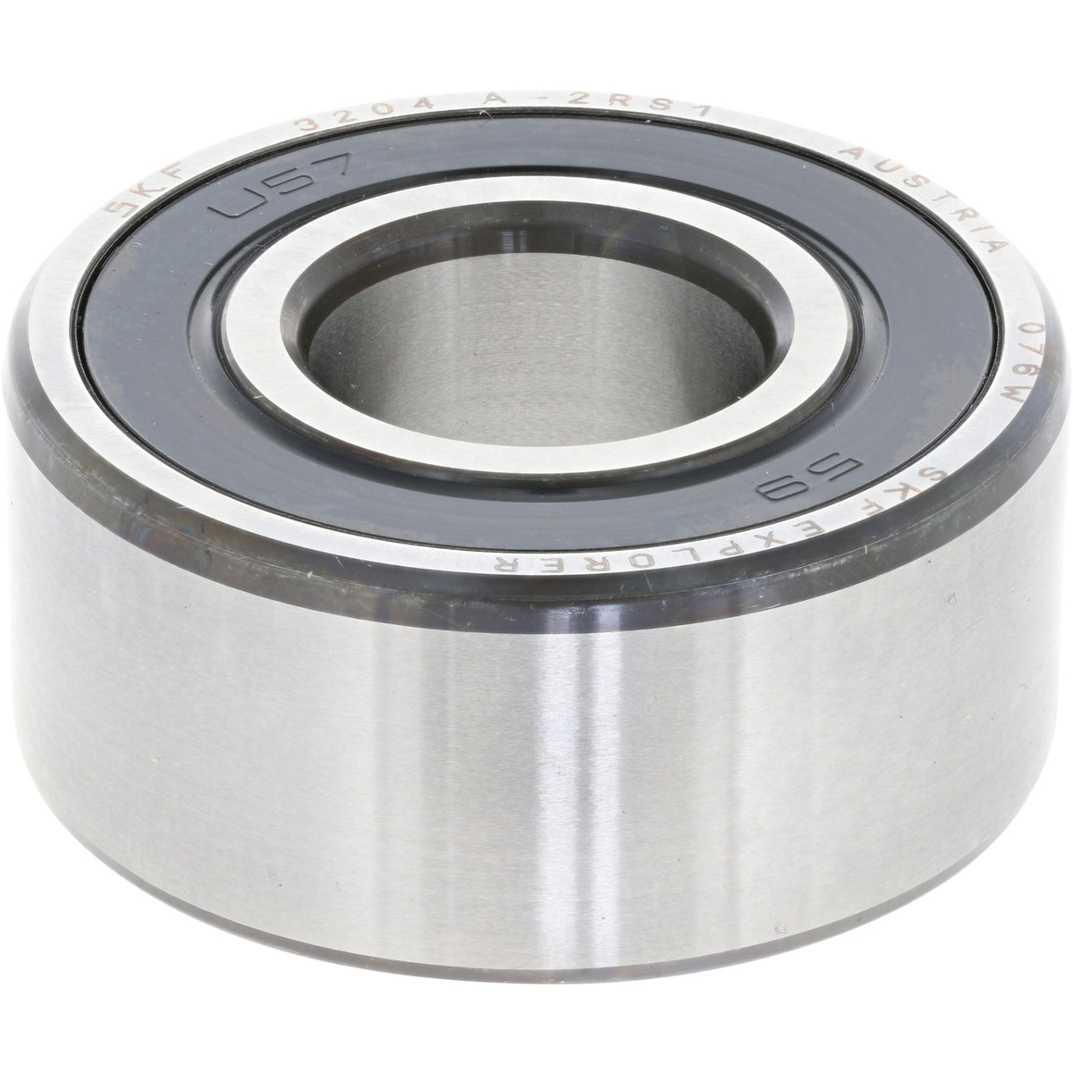 Double Row Angular Contact Bearing - 20 mm Bore, 47 mm OD, 0.8125 in Width, Open, 30 ° Contact Angle on white background.