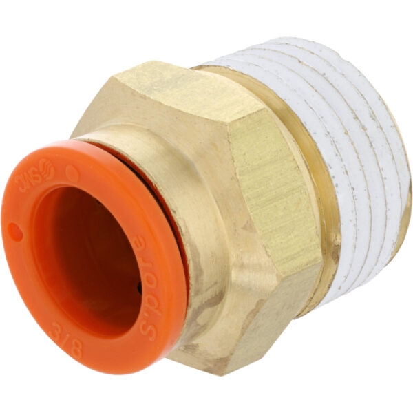 Push connect with orange plastic push collar and brass threads. Part shown on white background.
