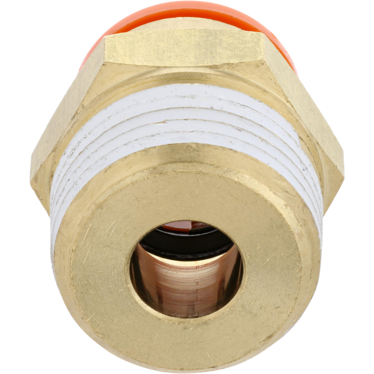 Push connect with orange plastic push collar and brass threads. Part shown on white background.