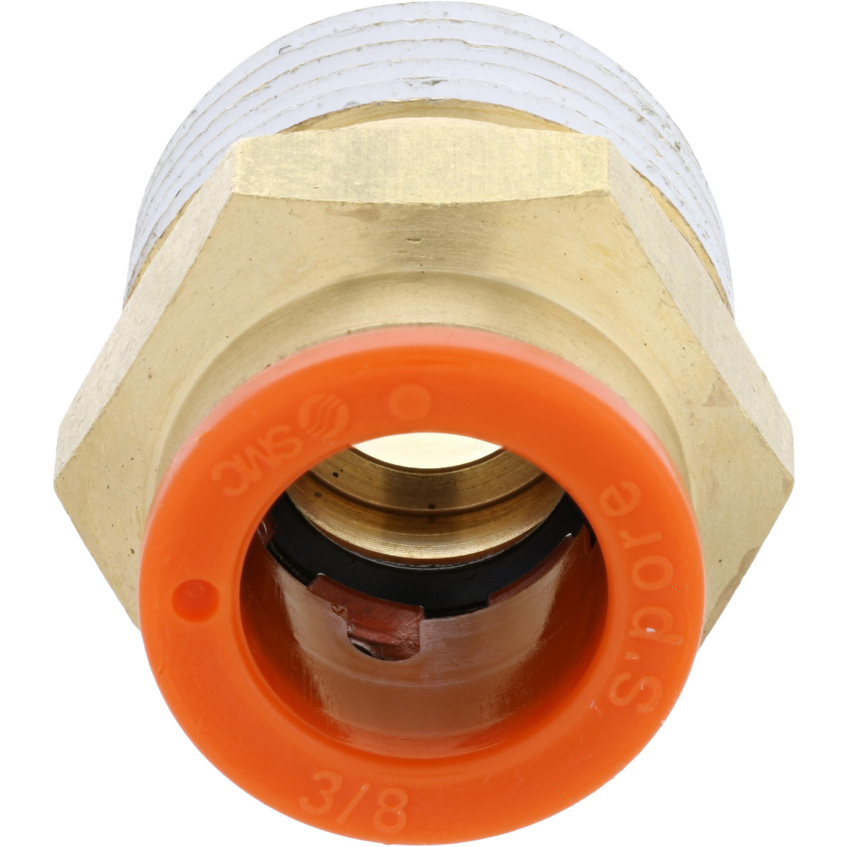 Push connect with orange plastic push collar and brass threads. Part shown on white background.