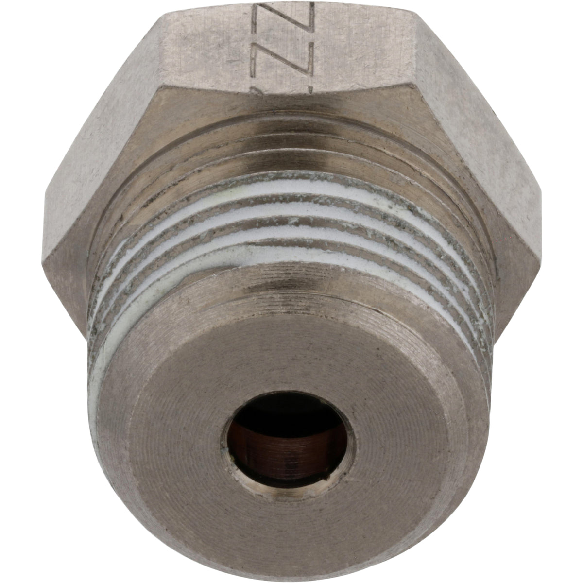 Brass threaded connector with orange plastic collar on white background.