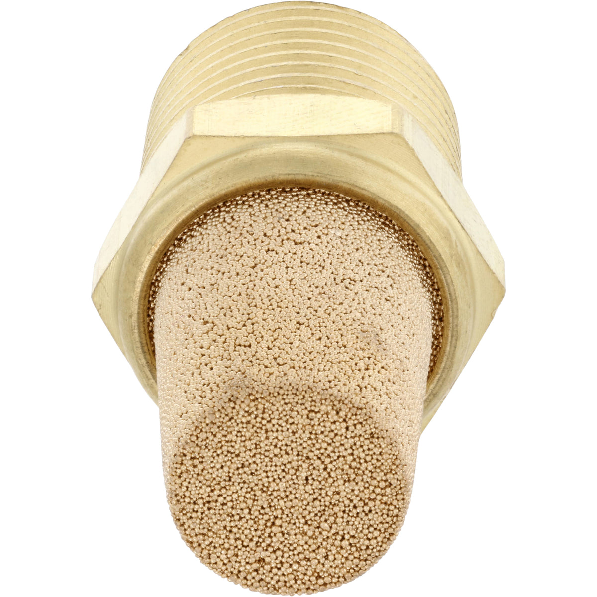 Brass cone shapped porous metal filter-muffler with 3/8 NPT threads on white background.