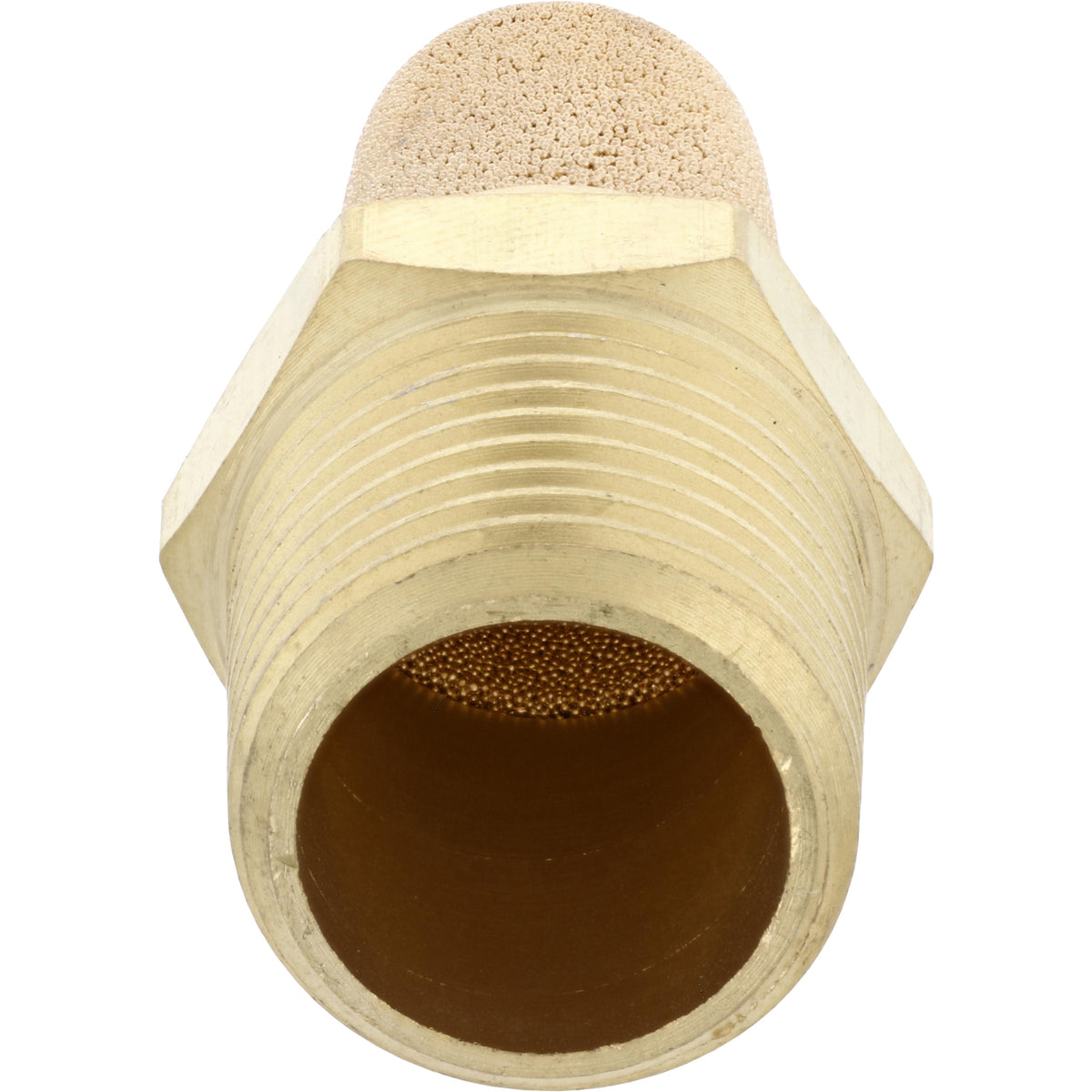 Brass cone shapped porous metal filter-muffler with 3/8 NPT threads on white background.