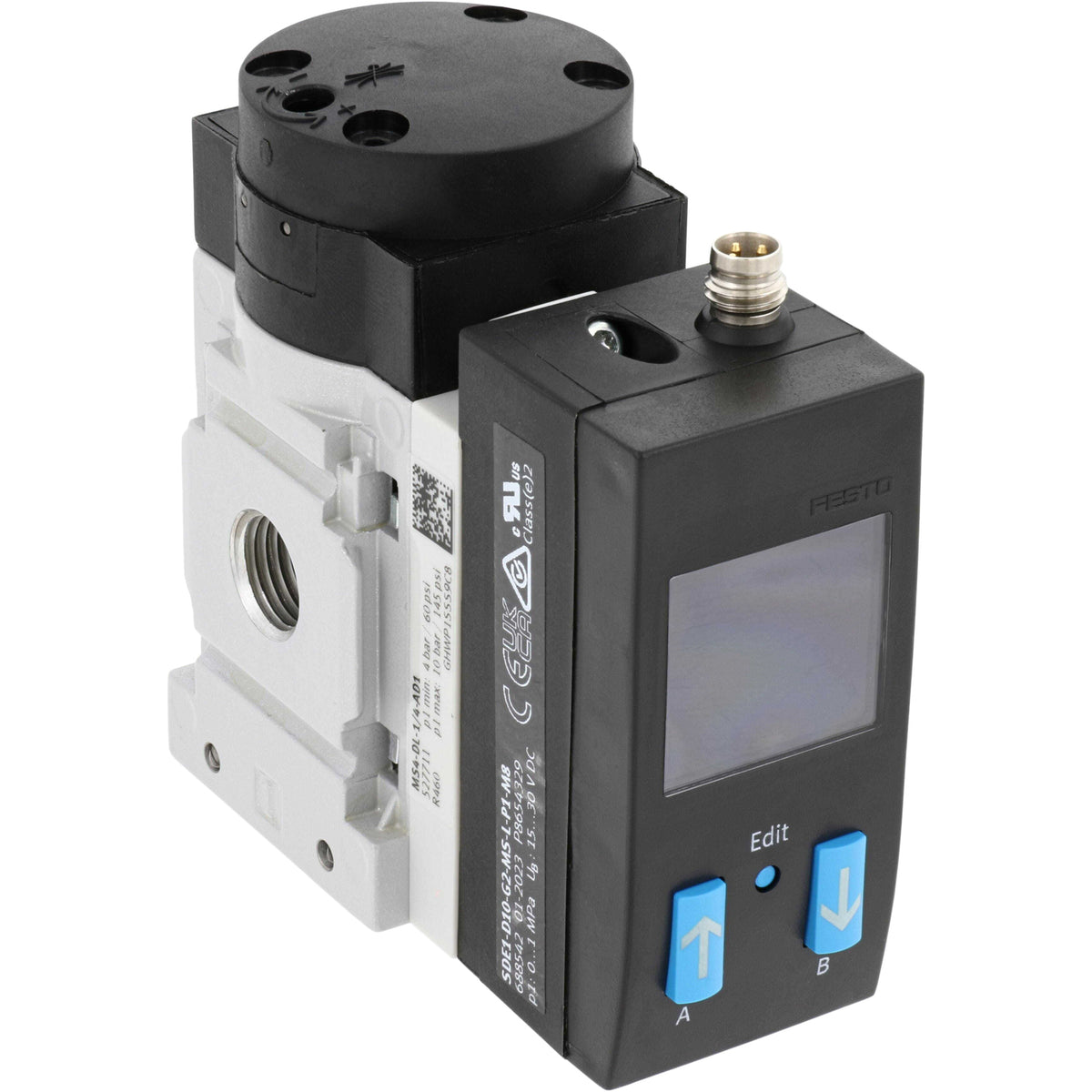 MS4-DL Soft start valve with digital display and blue up.down press buttons on white background.