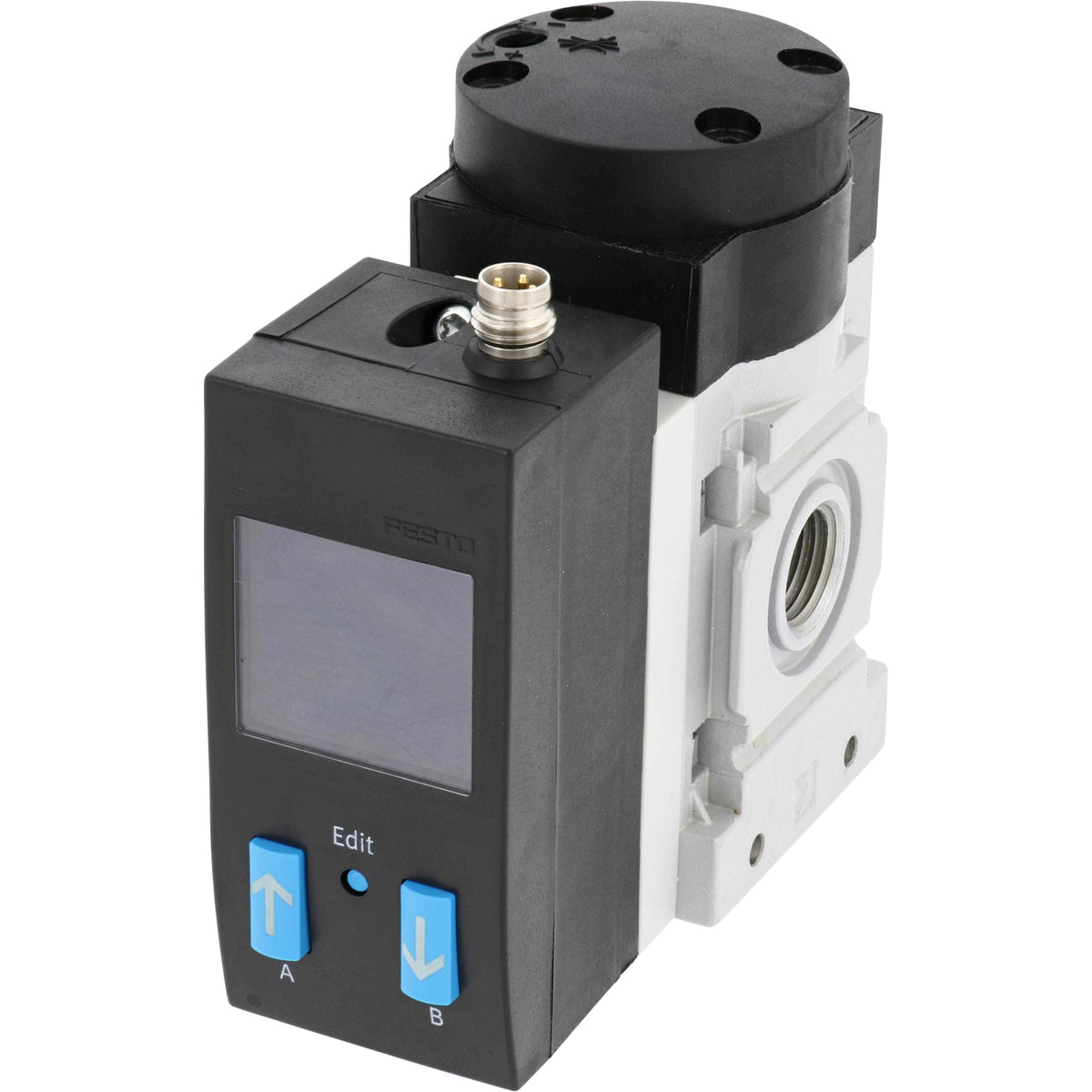 MS4-DL Soft start valve with digital display and blue up.down press buttons on white background.