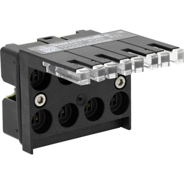 Black electronics module on white background.