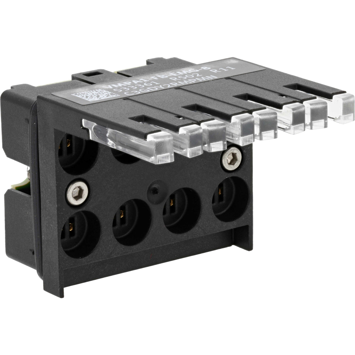 Black electronics module on white background.