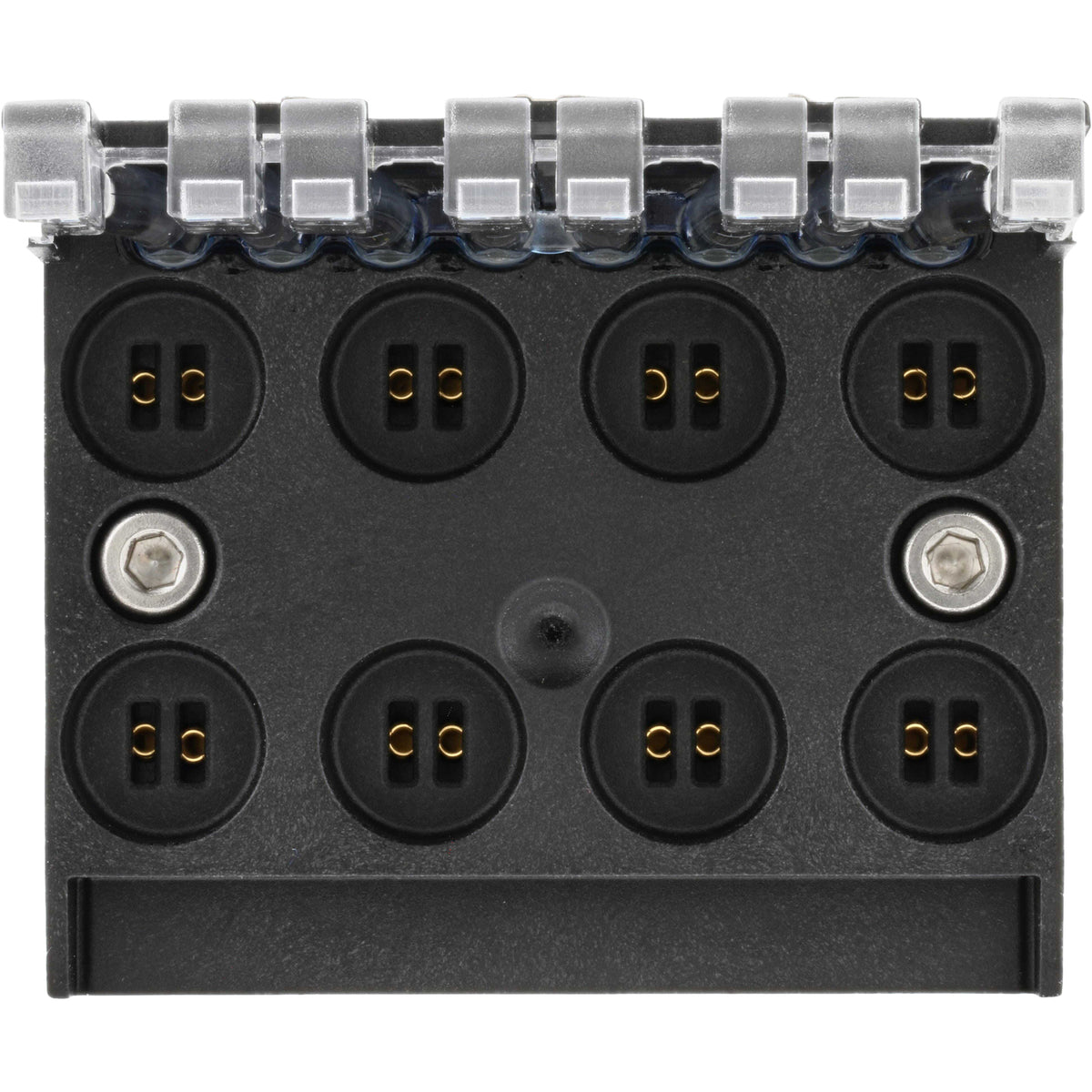 Black electronics module on white background.
