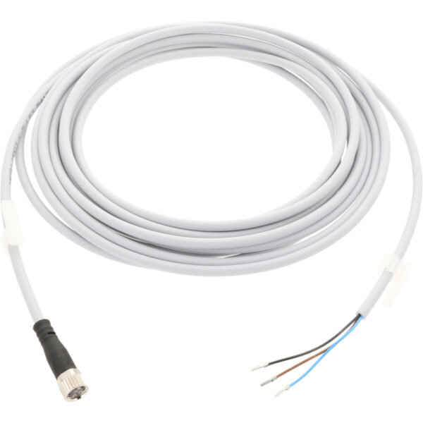5 meter coiled grey connecting cable with molded female end and a blue, brown, and black wire on the other end. Cable is shown on white background.