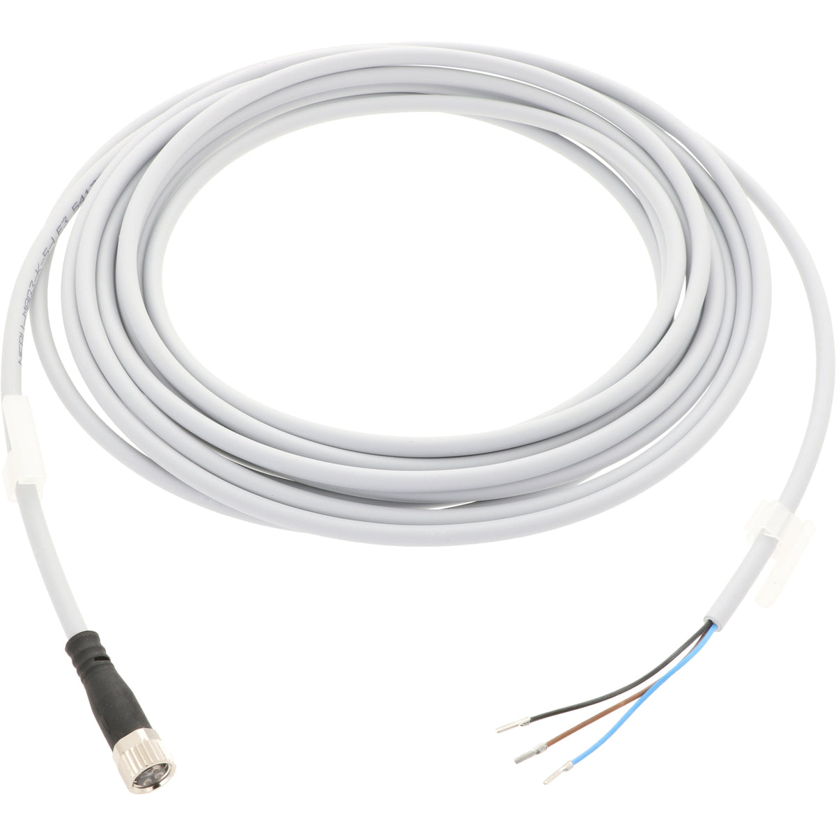 5 meter coiled grey connecting cable with molded female end and a blue, brown, and black wire on the other end. Cable is shown on white background.