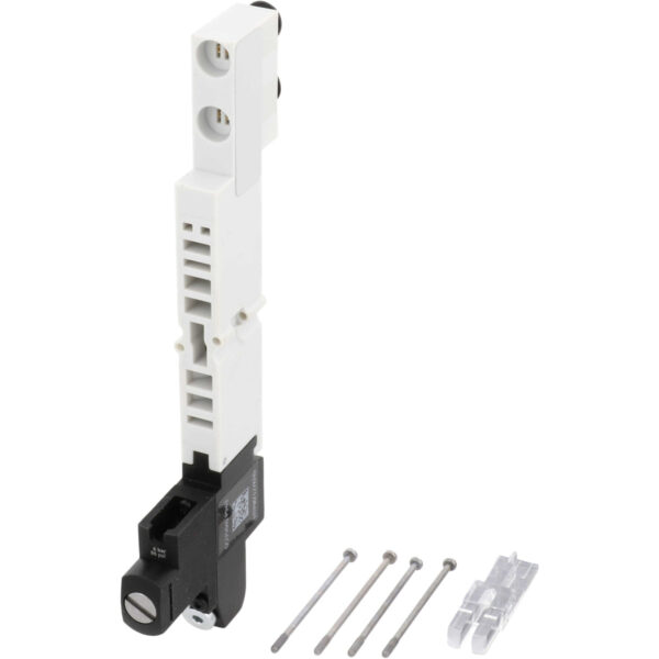 White and black regulator plate with mounting fasteners on white background.