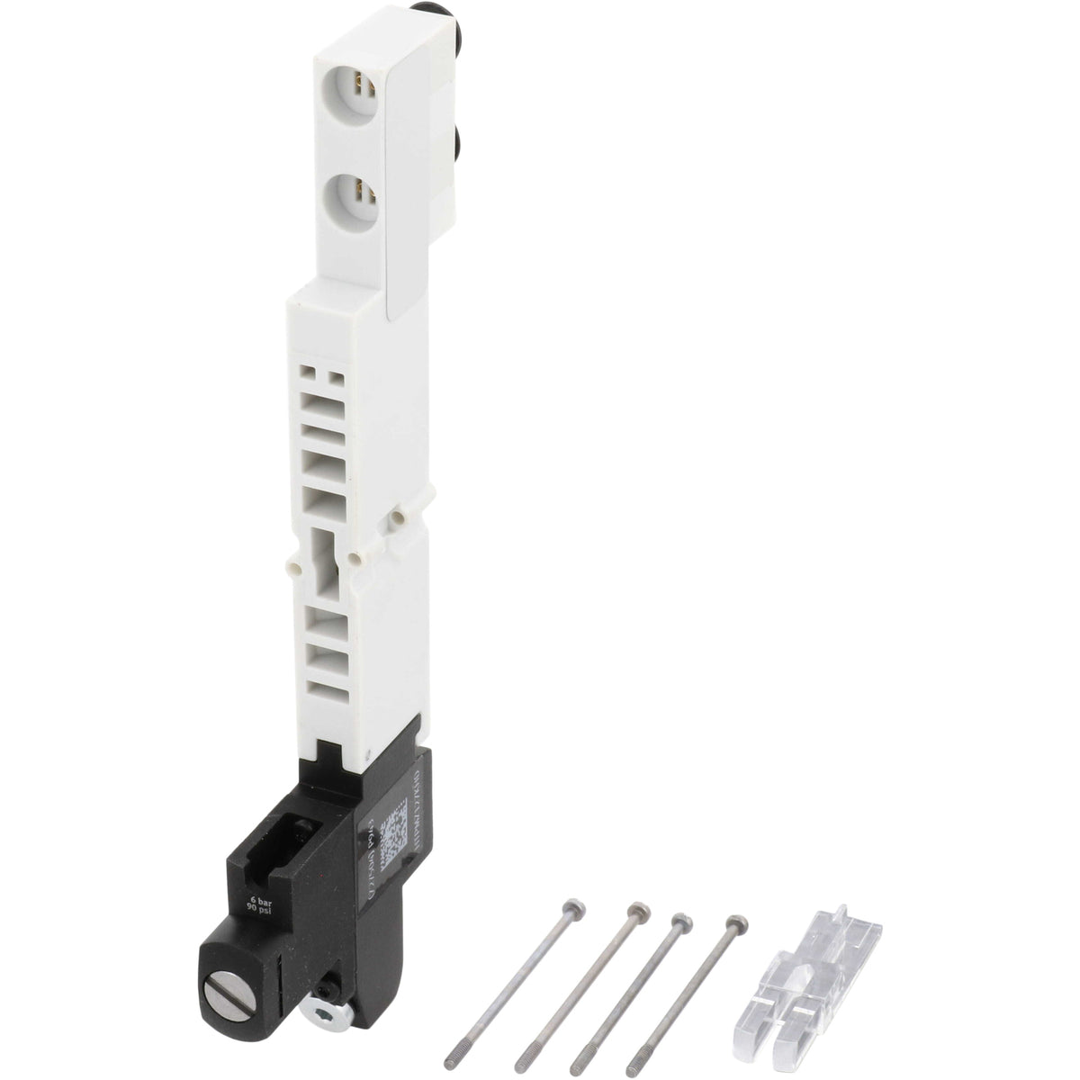 White and black regulator plate with mounting fasteners on white background.