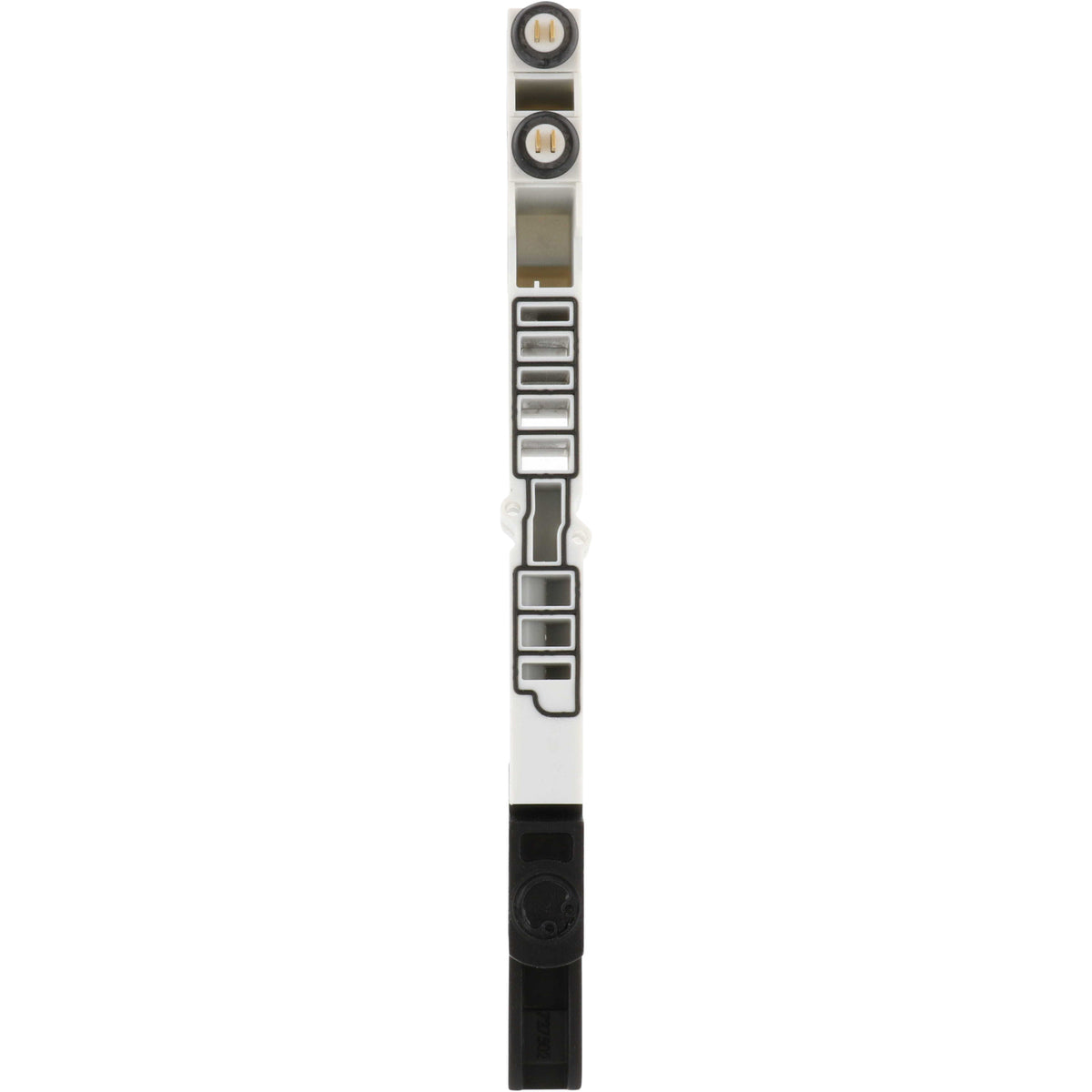 White and black regulator plate with mounting fasteners on white background.