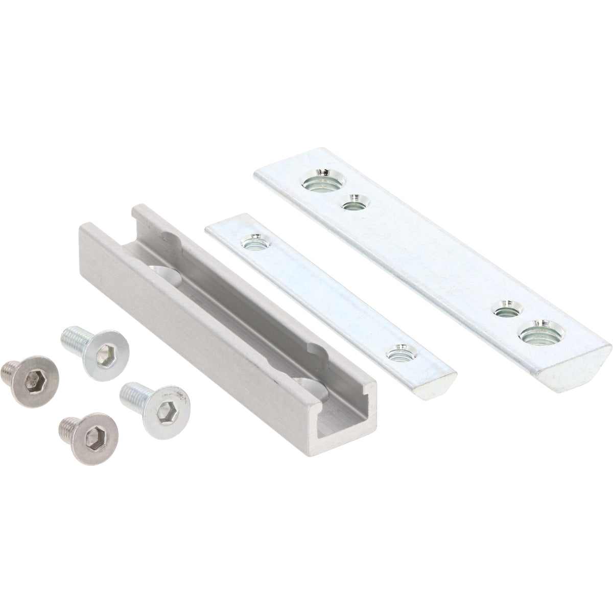 An aluminum slotted sensor bracket next to an assortment of fasteners. Parts shown on white background.