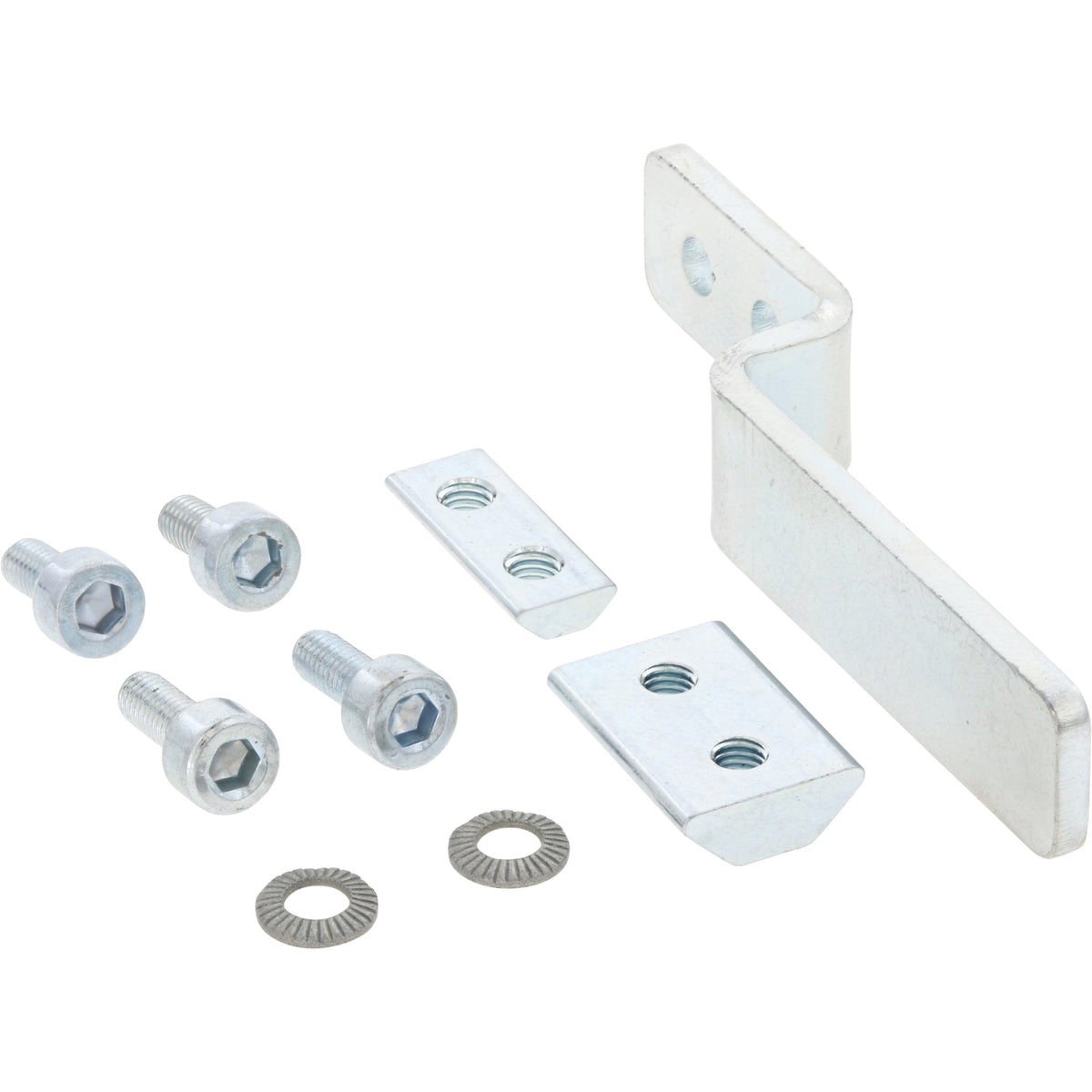An assortment of fasteners next to a bent switch lug. Parts shown on white background.