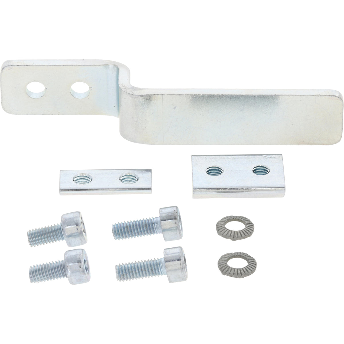 An assortment of fasteners next to a bent switch lug. Parts shown on white background.