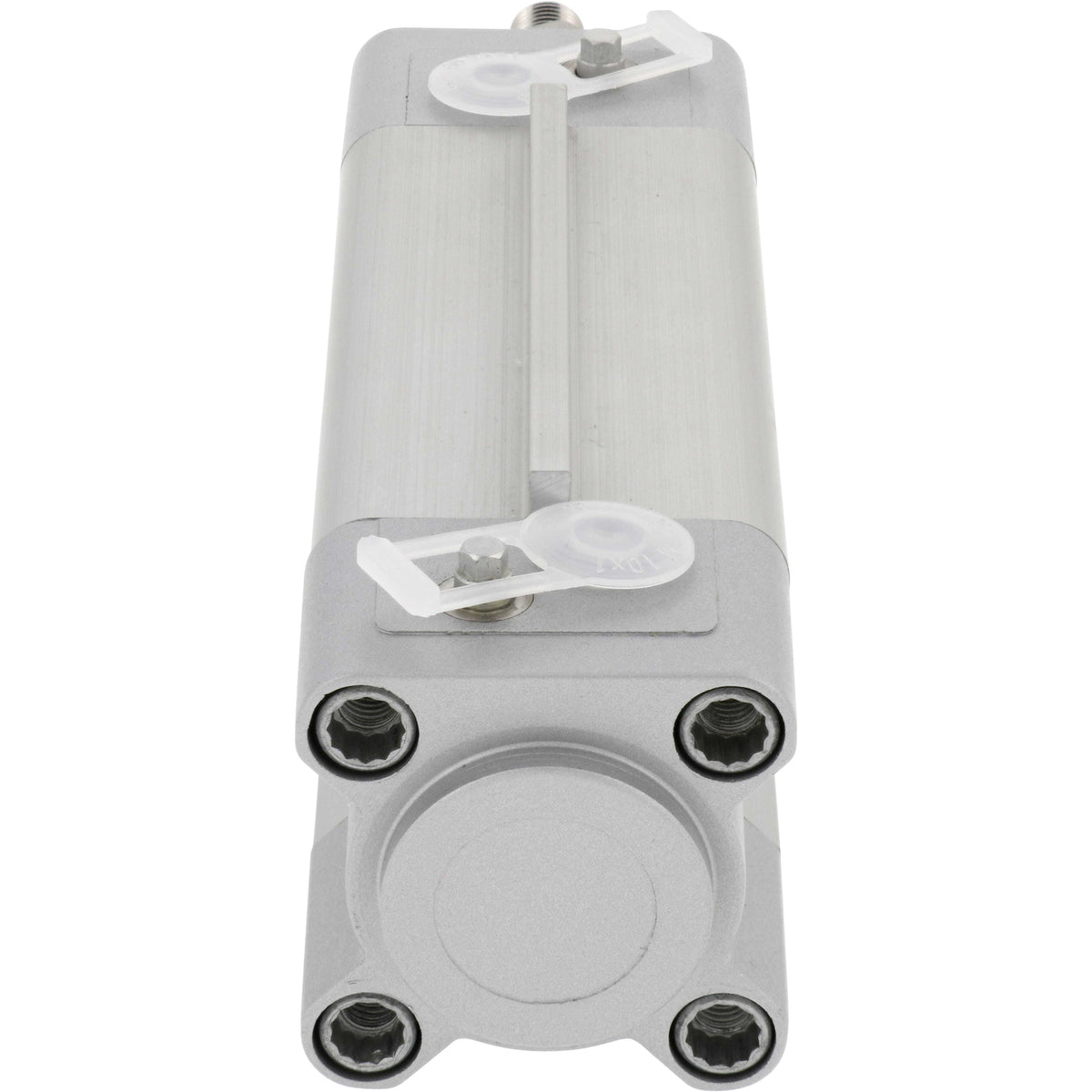 Pneumatic cylinder on white background. Cylinder's end cap is shown.