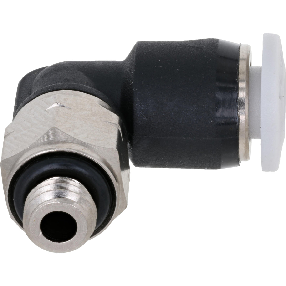 Black and grey L shaped push connect fitting with stainless steel mounting flats and 10-32 threads shown on white background.