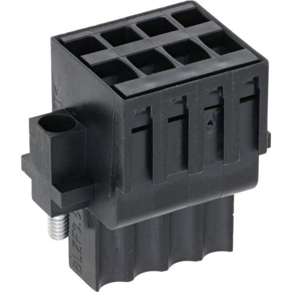 Black four pin connector on white background.