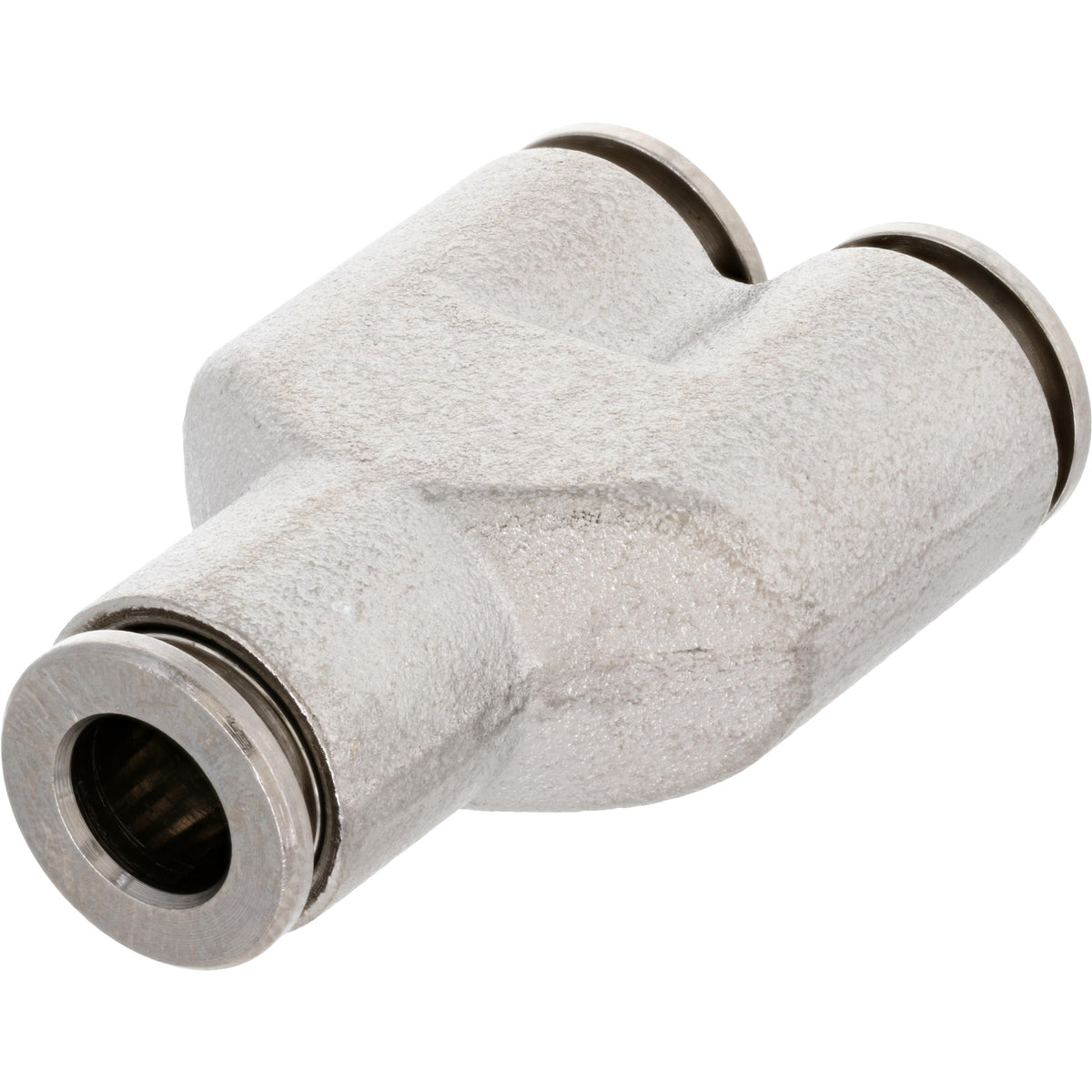 Nickel-plated brass push-in Y-connector on white background.
