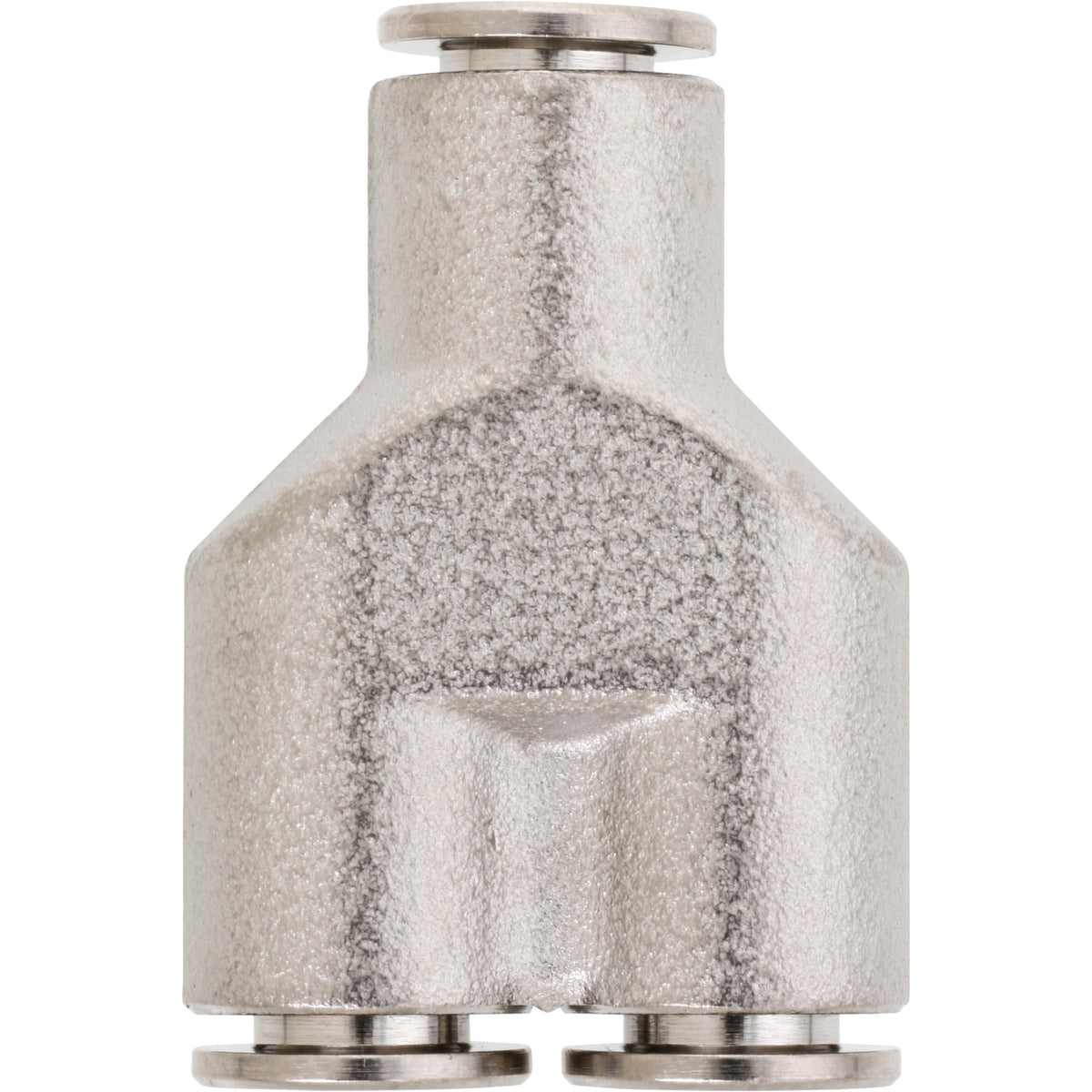 Nickel-plated brass push-in Y-connector on white background.