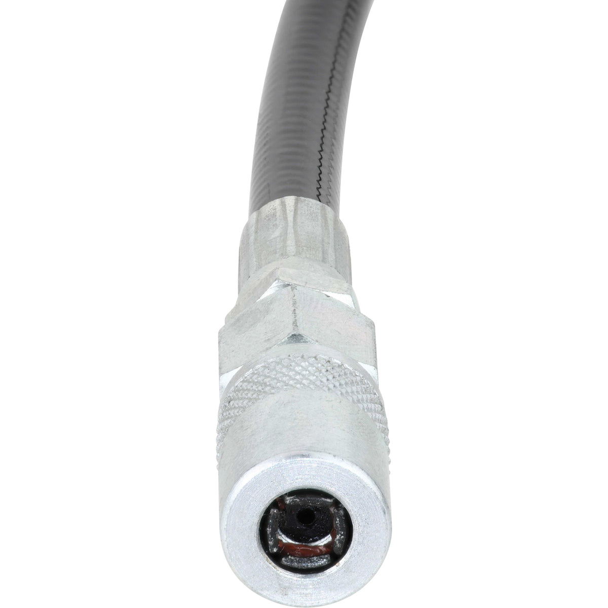 8 inch black flexible hose and connector white background