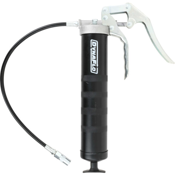 Black grease gun with 18 inch flexible hose and silver pump handle on white background.