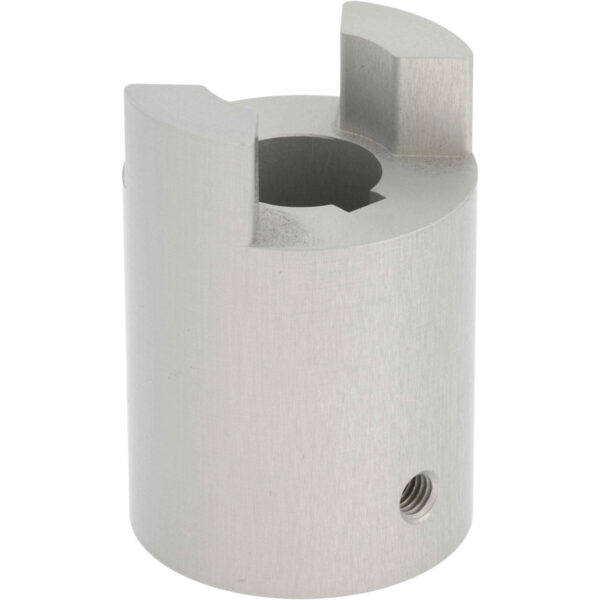 Hard anodized aluminum motor coupler with threaded hole on side. Part shown on white background.